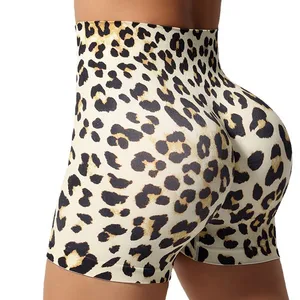 Women's High Waist Leopard Print Seamless Yoga Shorts Elastic Waist Compression Workout Pants