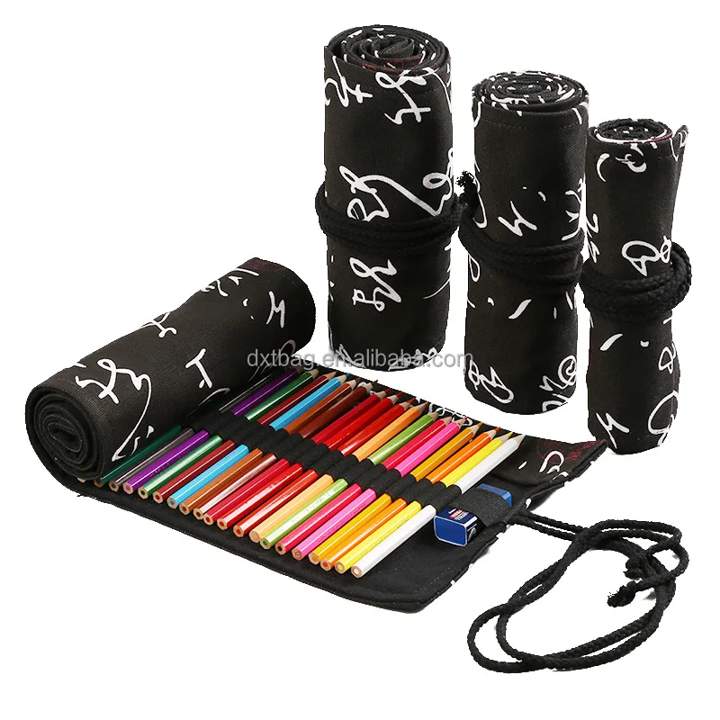 Floral Print Pencil Bag Holders Canvas Colorful Artist Paint Brush Roll Up Wrap Curtain Pen Case Large Capacity 