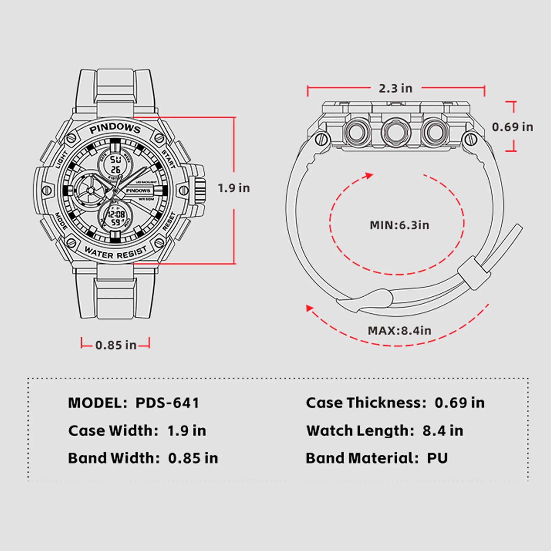 Pindows 2024 New Design Chronograph Stainless Steel Shock Resistant 5 Atm Dual Time Led Analog 