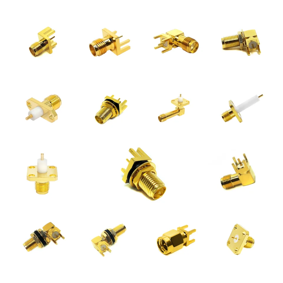 Manufacturer 50ohm SMA Male Plug/Female Jack/bulkhead PCB Mount/90 degrees right angle/2 holes/4 holes RF Coaxial connectors