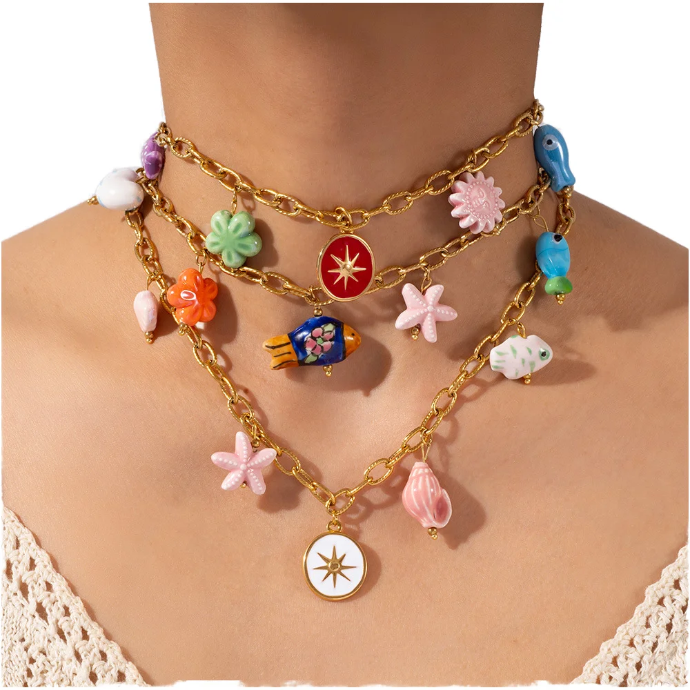 2025 Summer New Ocean Flowers Series Stainless Steel Stylish Pendant Necklace for Women Classic Ceramic Accessories Gift for