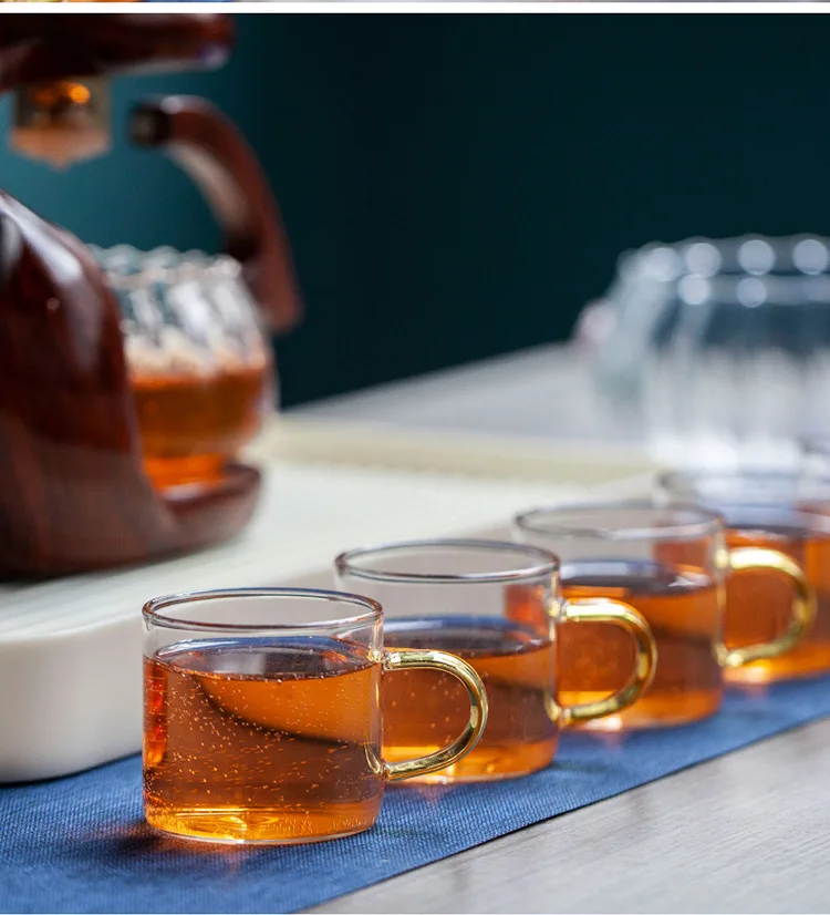 Creative Lady Magnetic Induction Kungfu Tea Set Semi-Automatic Glass Teapot with Infuser and 6 Small Cups for Coffee & Tea