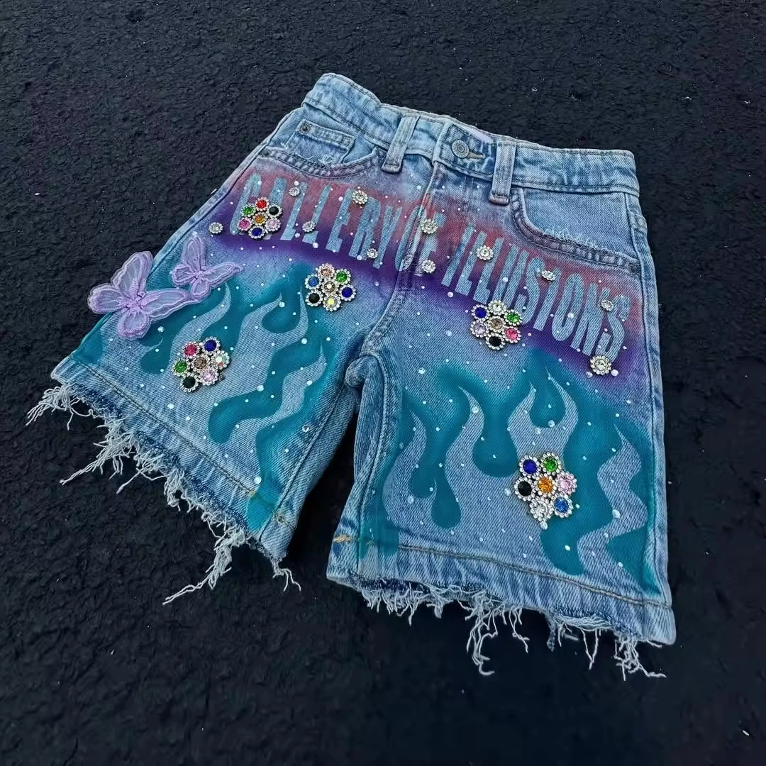 Customizable Oversize Men's Vintage Denim Shorts Breathable Straight Style with Embroidered Rhinestone Decoration Short Men gallery 4