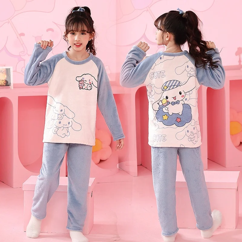 Sanrio Flannel Children Pajamas Set Anime Kuromi Cinnamoroll Melody ...