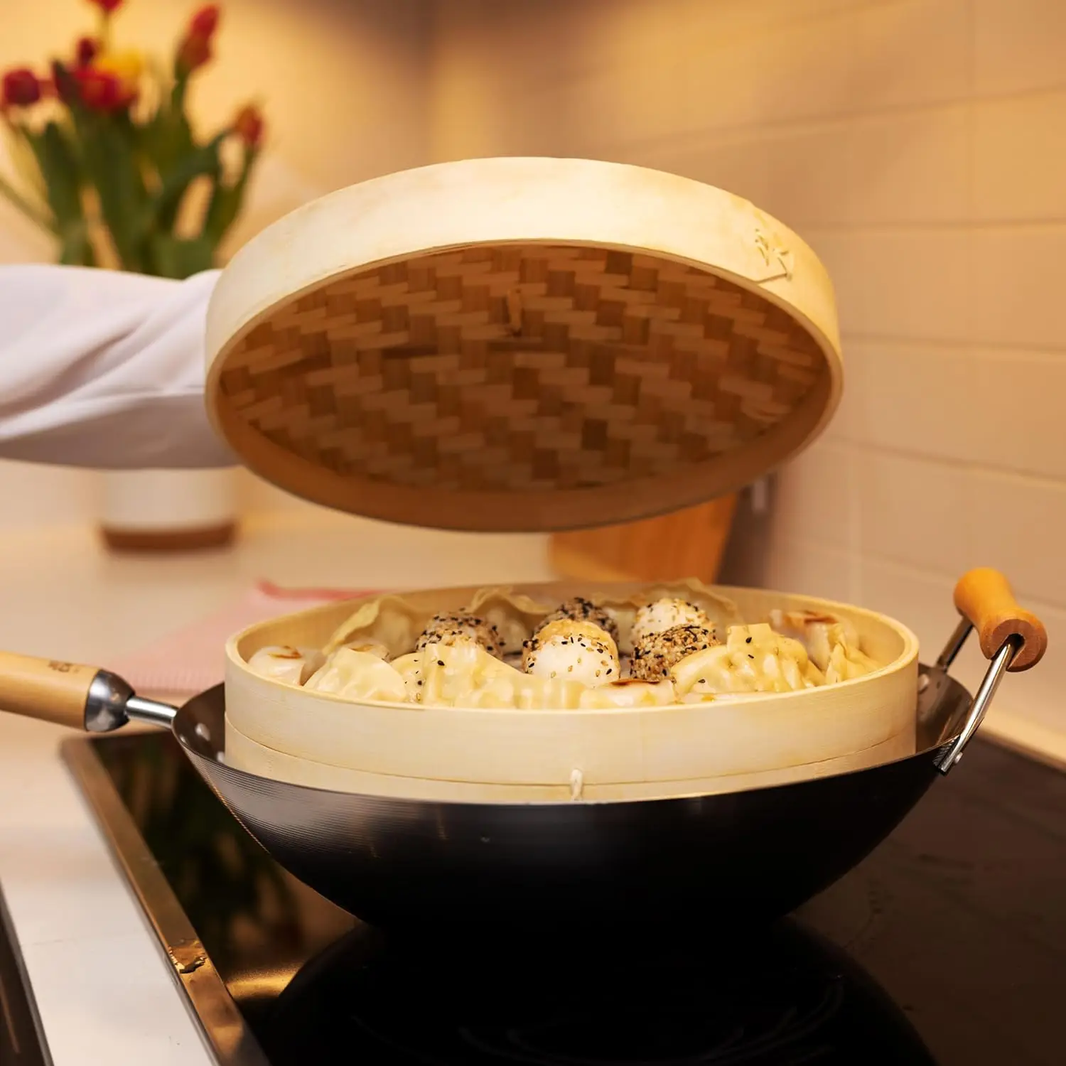 Cuiseur Vapeur En Bambou 2 Étages - Avec Couvercle, Chiffons Anti-adhésifs Et Brosse - Pour Boulettes, Légumes