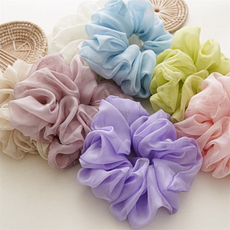 New Large Solid Color Chiffon Large Scrunchies Women Simple Hair Scrunchies Band