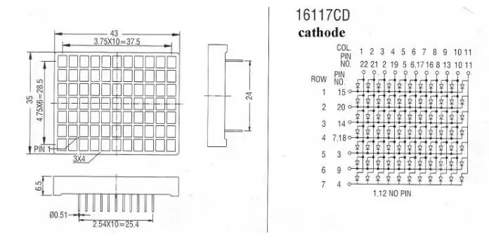 dot matrix LED display module package dimension internal circuit diagram 7x11 LED matrix