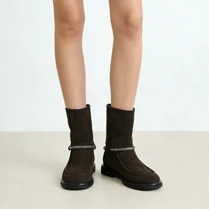 Women's Brown Suede Fashion Korean Ankle Boots-Rhinestone Strap Trim Flat-Heel Square-Toe Footwear