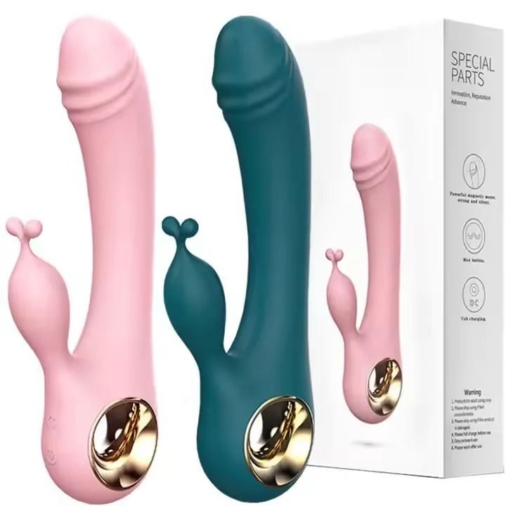 Clitoral and G-spot rabbit vibrator in pink silicone with external stimulator arm