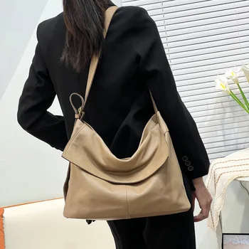 Women's Casual Fashion Large Capacity Crossbody Bag Soft Leather Flip Retro Travel Shoulder Bag Zipper Head Layer Cowhide