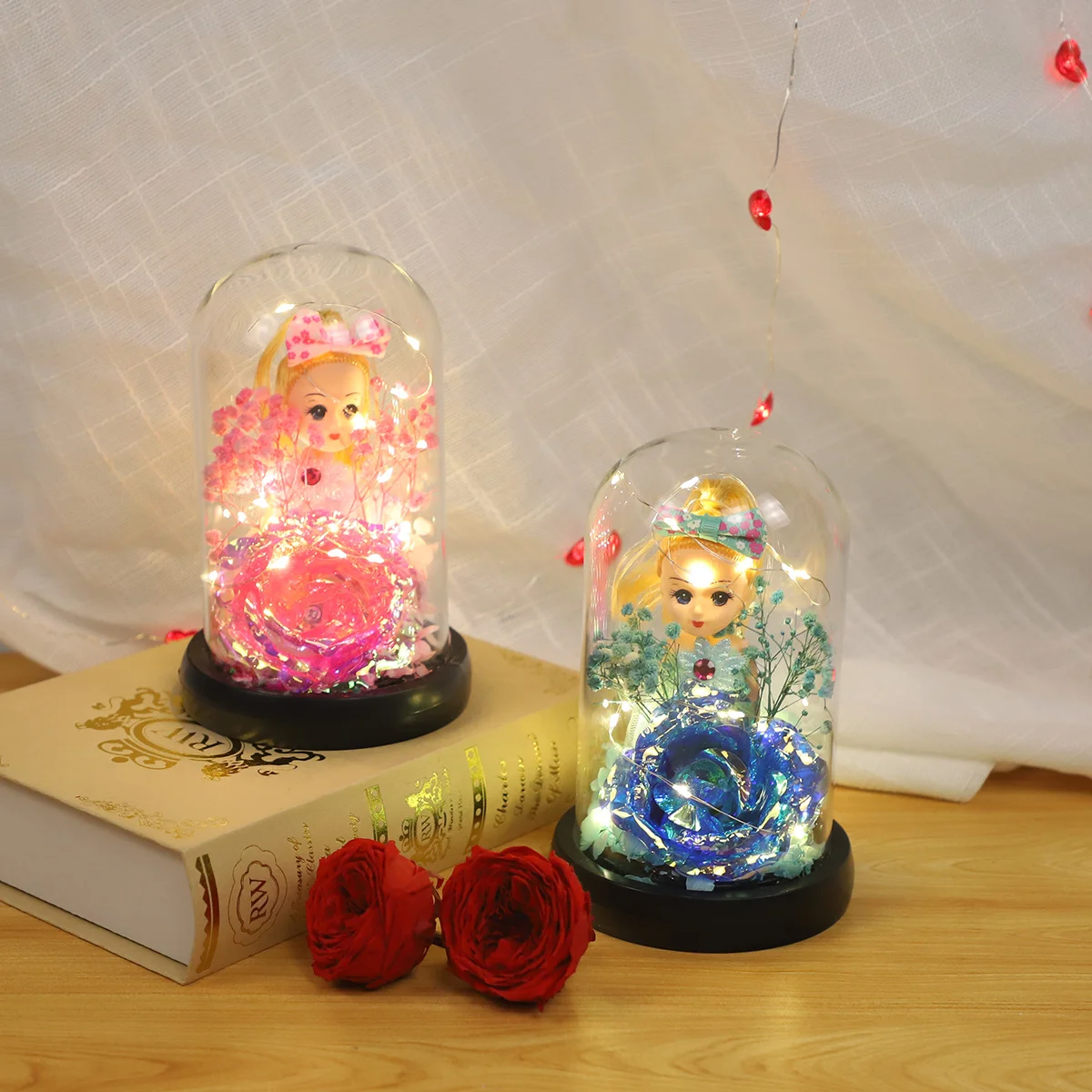 clear glass cloche dome with flower for sale miniature glass domes with led light glass xmas Christmas rose gifts for women