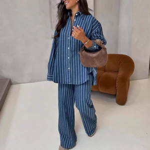 SH7335 Fashion Fall Street Wear Lady Clothing Boutique Long Sleeve Stripped Shirt and Wide Leg Pant Women 2 Piece Sets