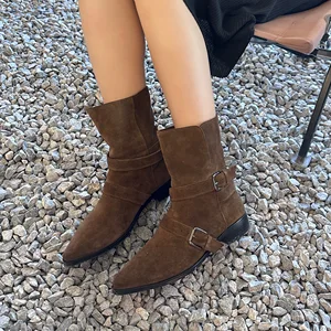 Autumn Winter Classic Work Comfort Retro Chunky Heel Ankle Boots Korean Fashion Pointed Toe Cow Suede Material Metal Buckles