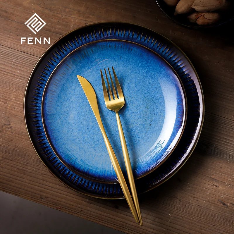 FENN Creative Color Ceramic Dinner Salad Dessert Plate Reactive Glaze Change Blue Color Restaurant Porcelain Dining Plate Sets