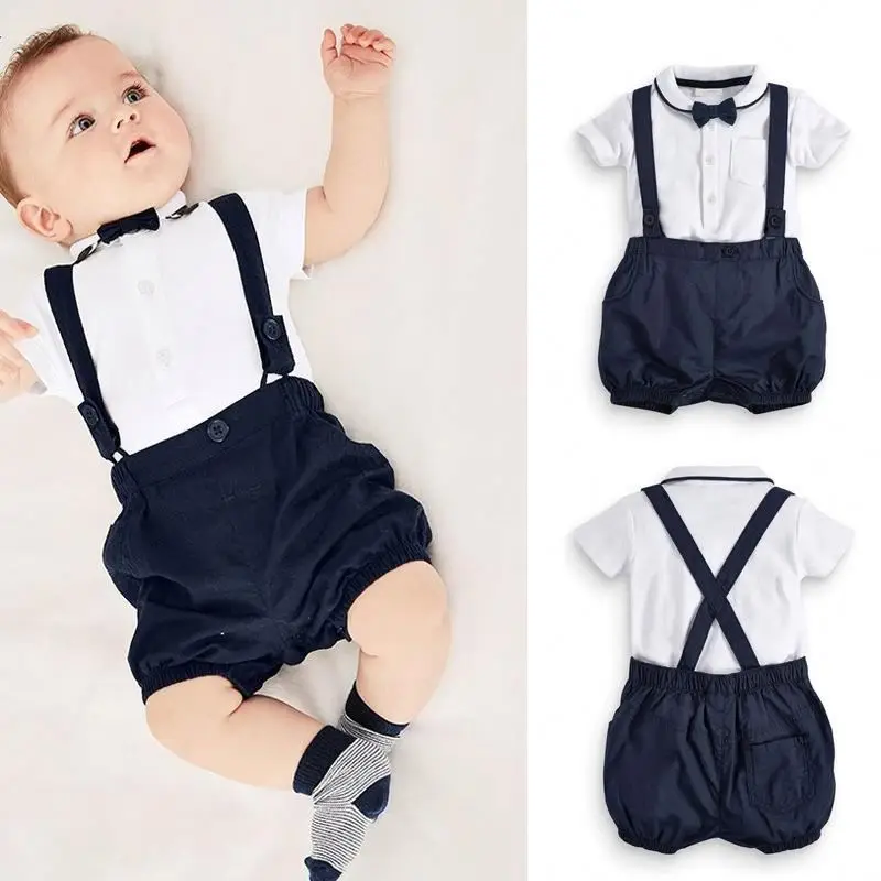 Baby Boys Gentleman Outfits Suits Infant Short Sleeve Shirt+Bib Pants+Bow Tie Overalls Clothes Set