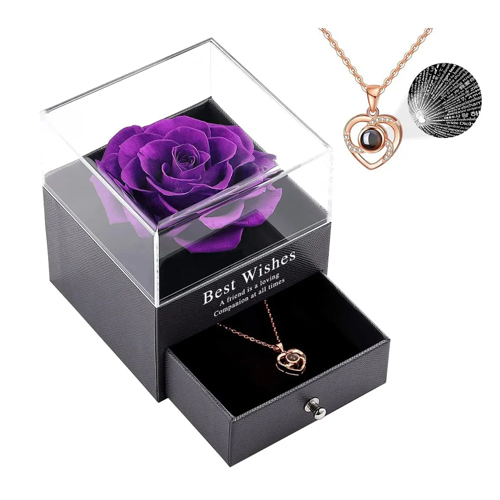 Wholesale premium forever rose gift Amazon hot selling preserved rose in box with love you necklace in 100 languages