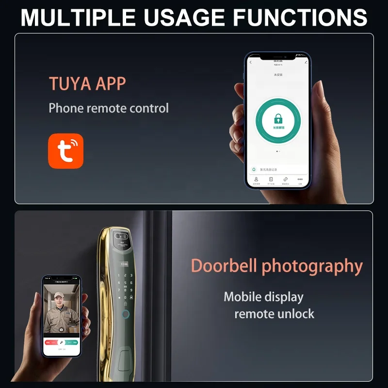 3D Face Recognition ID Fingerprint Camera Viewer Remote Doorbell Key 7 Ways Unlock Tuya App Door Smart Lock with Camera