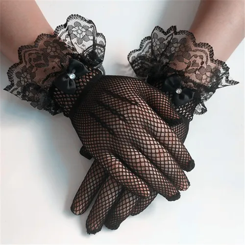 Black Bowknot Jacquard Glove Women Fashion Lace Fabric Bridal Gloves for Wedding Party Decoration