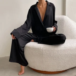 Jengs Ice Silk Pajamas Casual Sleepwear Turn-down Collar Long Sleeve Pants Set Women Sleepwear Wholesale Nightgowns