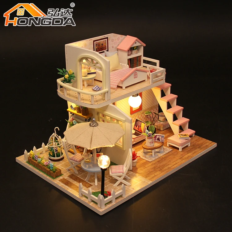 Hongda M033 розовый Лофт современный стиль деревянный кукольный домик Diy Миниатюрный Кукольный домик набор для девочек