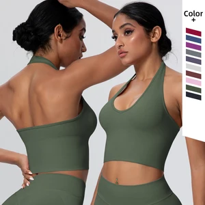 Custom Logo Breathable Beautiful Back Ladies Active Vest Halter Neck Seamless Sports Bra Workout Women's Crop Top