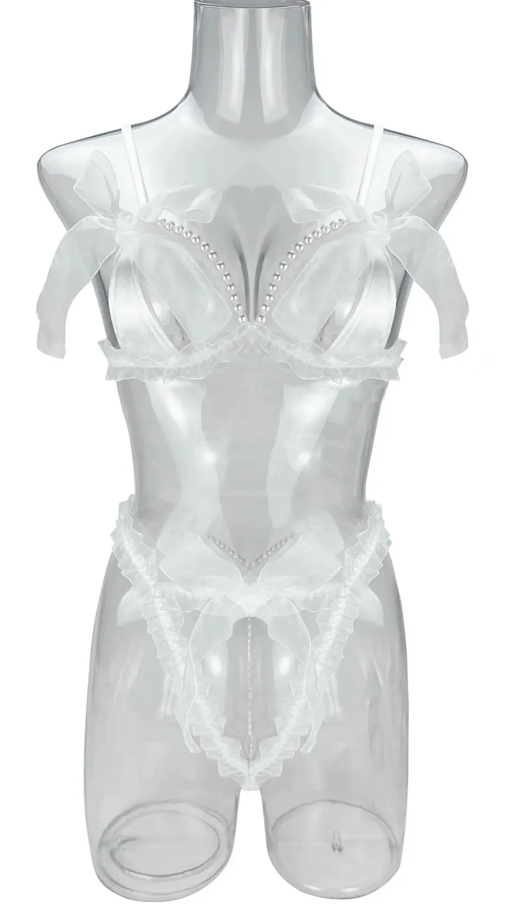 Faux Pearl Open Cup Bra, String and Cuffs