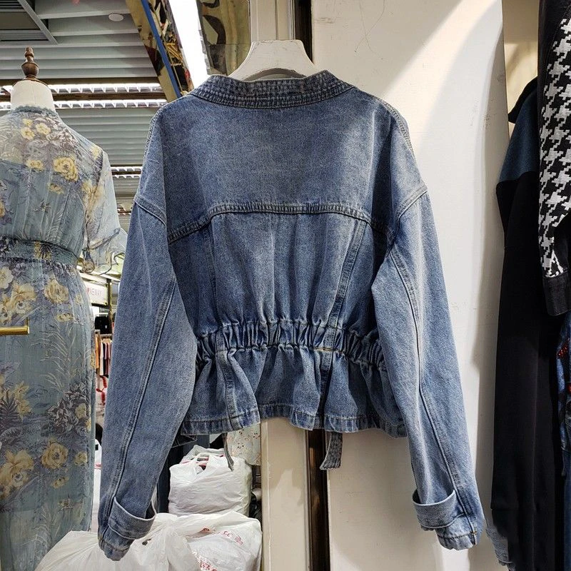 Denim Jacket Female V-neck Waist Fashion Trend All-match Women Jean Jackets in Bulk