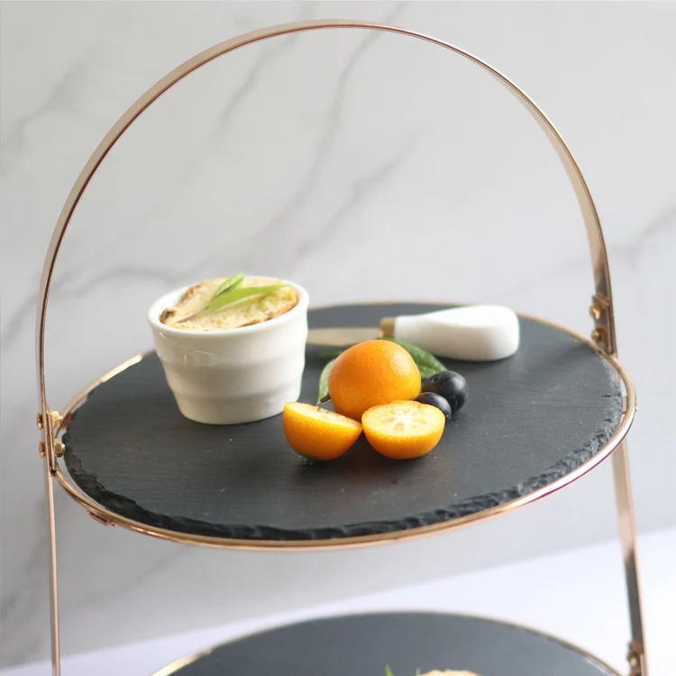 Golden Frame Dessert Display Platter Slate Cheese Board 2 Tiers Wedding Cake Stand