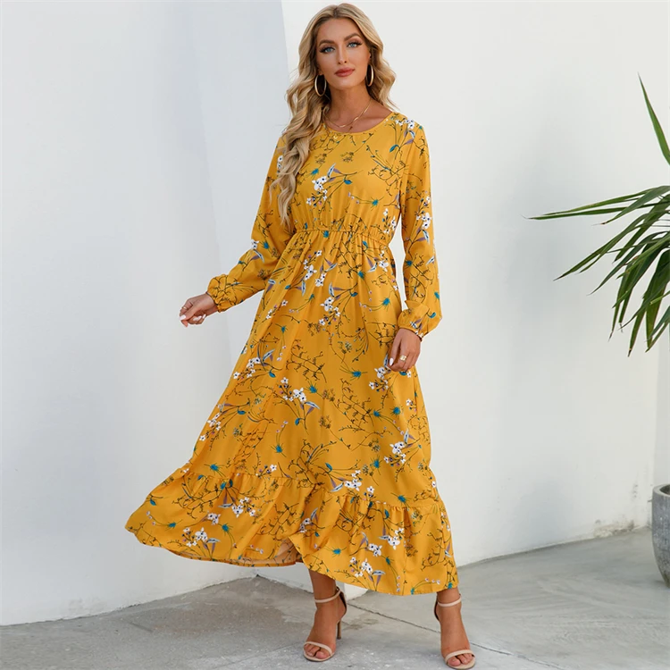 Spring Women Maxi Dresses Casual Full Sleeve Floral Printed O-neck ...