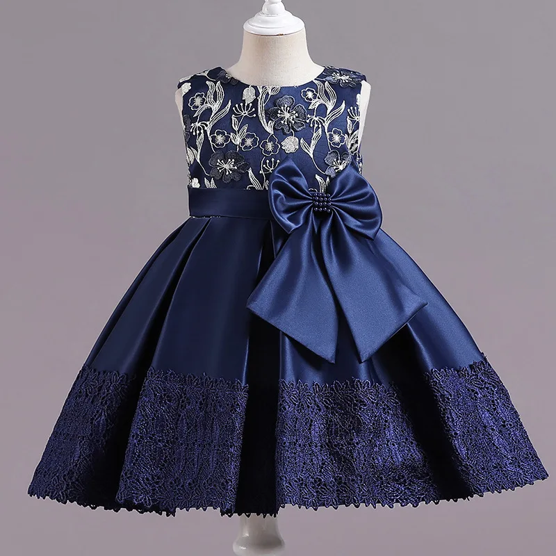 New Girls Prom Princess Long Sleeve Large Bow Pattern Satin Embroidered Christmas Party Show Dress 1