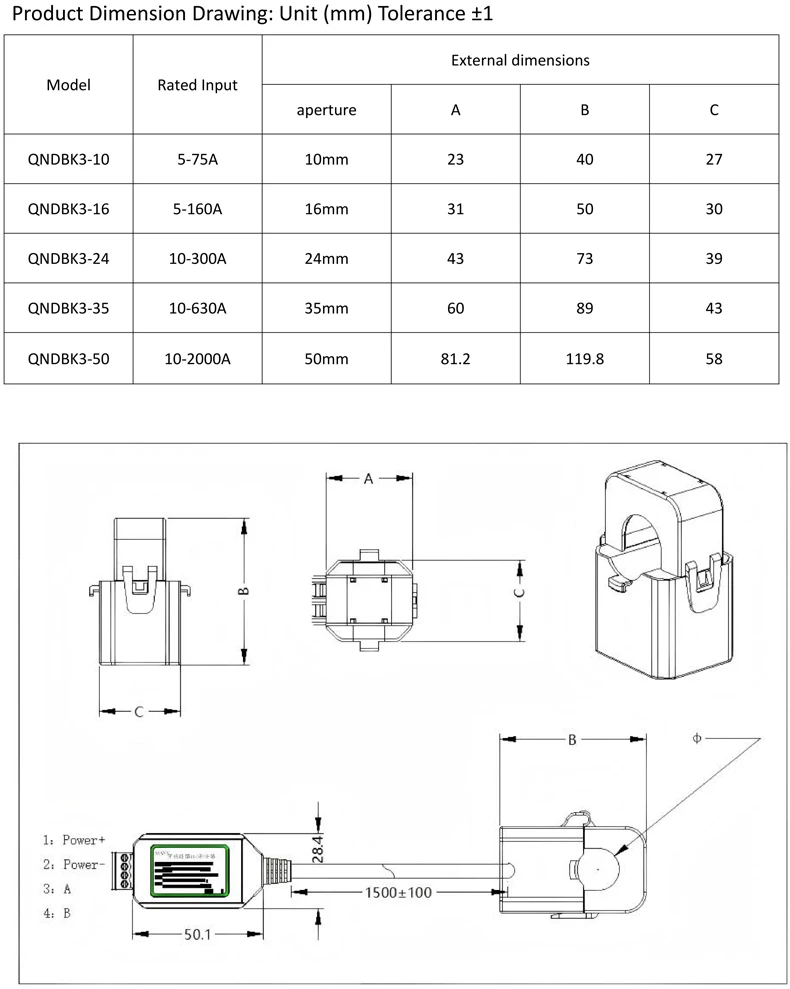 Split Core Current Transforemr Modbus QNDBK3-10 Ac 5A 10A 20A 50A 100A RS485 Dc Clamp Ct Transmitter Current Sensor Transducer