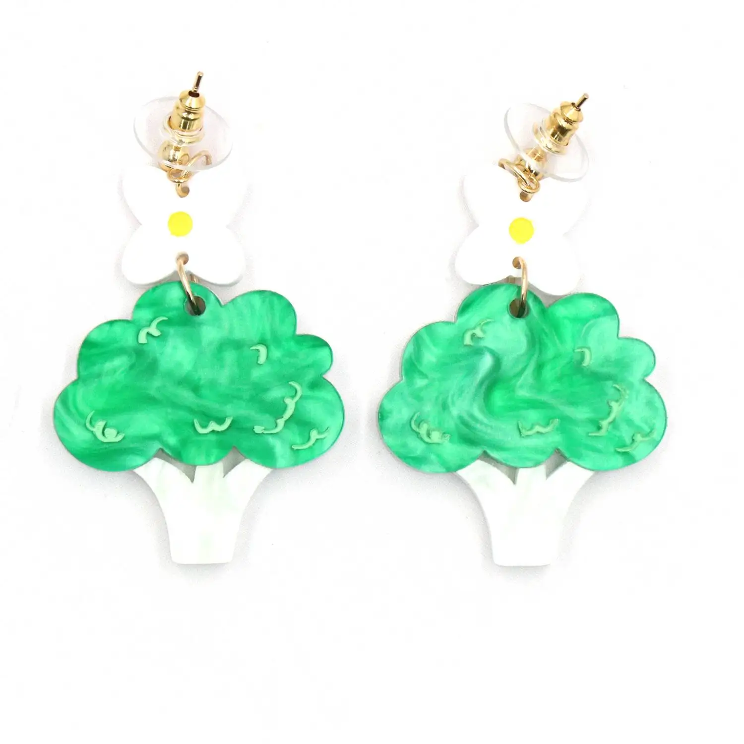 YCXER2523 White and Green Carved Marble Pendant Earrings 2mm Bottom with Light Green Western Blue Flower for Gift Occasions