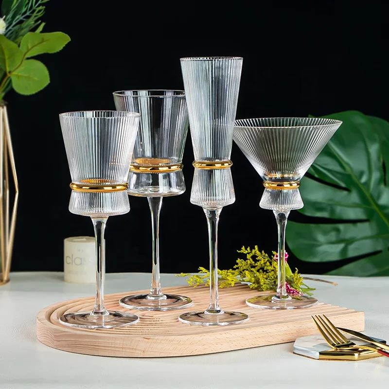 Luxury Gold Ribbed Wine Glasses  Hand Blown Lead-Free Crystal Goblets for  Parties, Weddings & Restaurants (Set of 4)