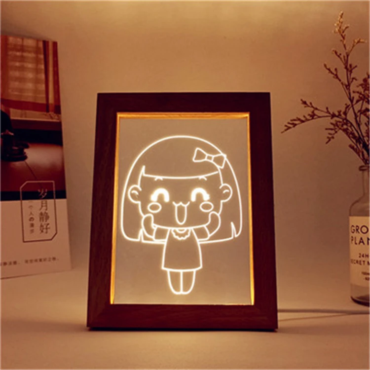 Customize Abstract Photo Frame Laser Cut Acrylic Led Night Lights 3D Wood Frame Optical Nigh Lamp Gift