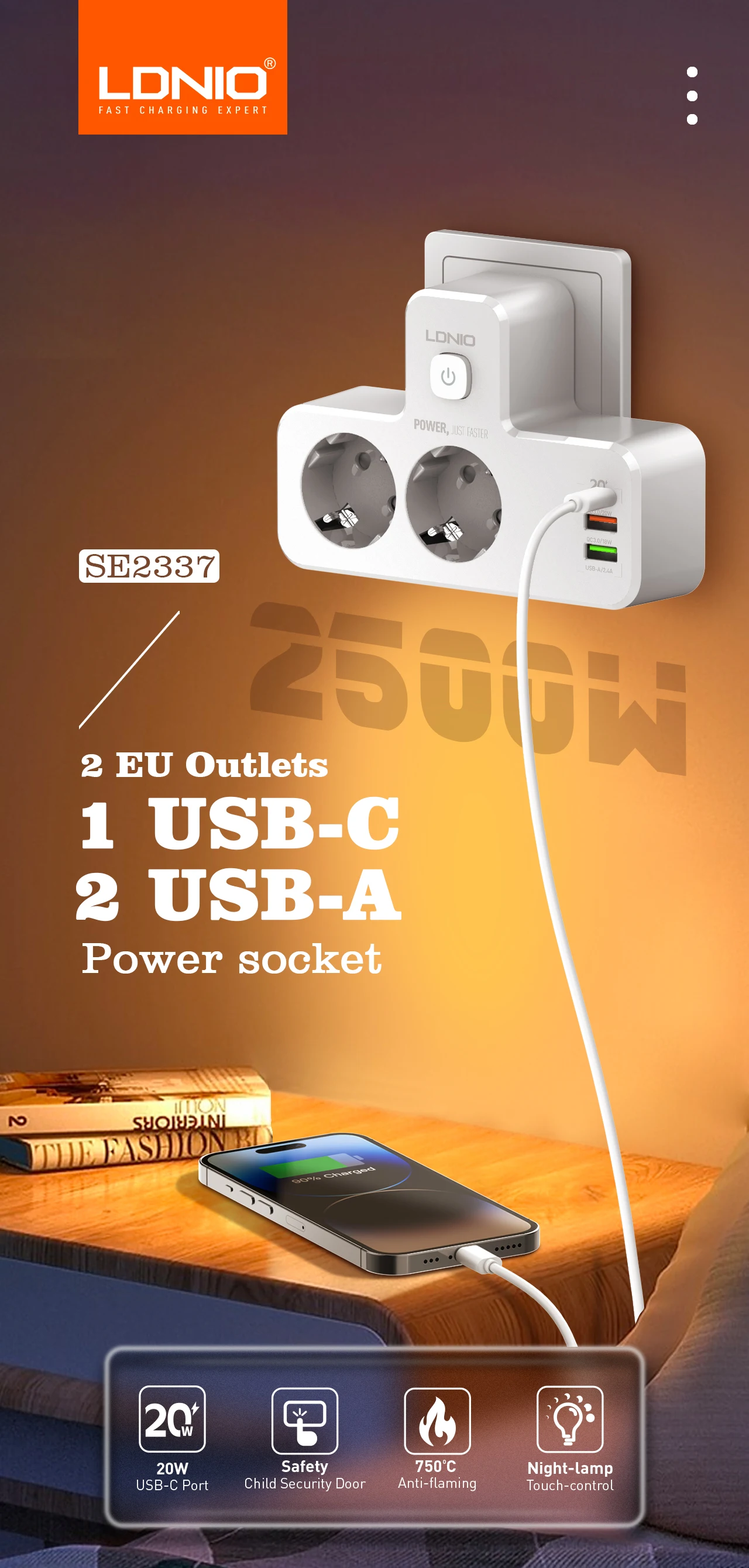 LDNIO LDNIO SE2337 Universal Outlets Power Strip Tower 2 Outlet Wall ...