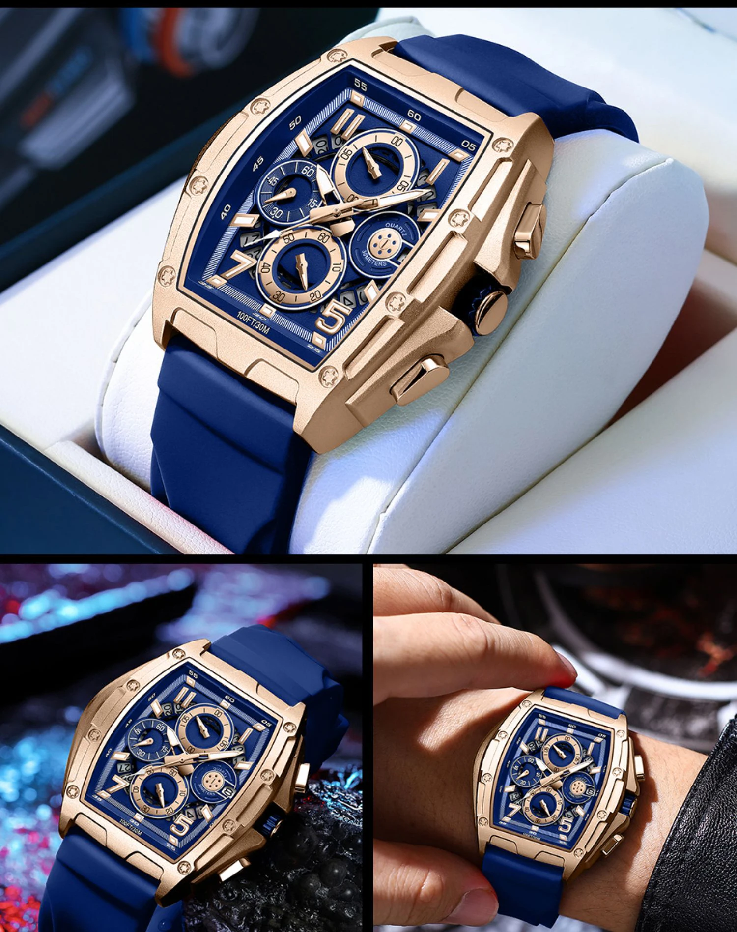 Watch for Men Automatic Skeleton Mechanical Square Big Face Dial Watch with Silicone/Fluoroelastomer Watch Bands