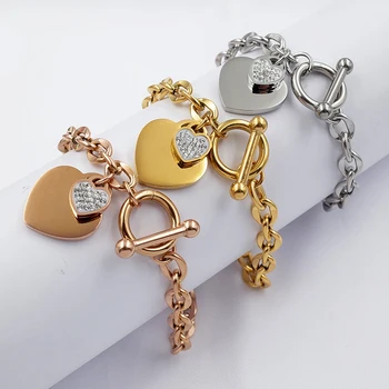 Fashion Jewelry Stainless Steel Silver Girls Chain Link Classic Heart Charms Bracelet Jewelry for Women
