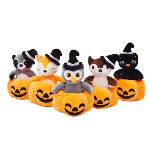 Custom Halloween Stuffed Plush Fox Pig Raccoon Penguin Toy in Pumpkin Head