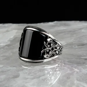 Custom Classic Luxury Obsidian Party Ring Fashion Jewelry Islamic Turkish Black Punk Rings For Men Women