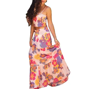 Custom High Quality Summer Causal  Color Printed Beachwear Custom Made Hawaiian Rayon Pleated Two Piece Maxi Dress