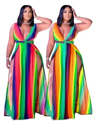 KX-1277 Spring Summer loose multi-color deep v-neck casual printed striped maxi dress women slit plus size dress