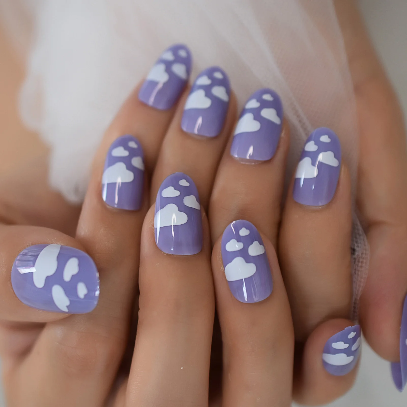 Light Purple Full Cover Fake Acrylic Nail With Cloud Pattern Medium Short  Oval Press On Nail Tips - Buy Press On Nail Tips,Oval Press On Nail  Tips,Medium Short Press On Nail Tips