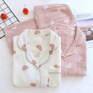 Women's Cotton Pajamas Elastic Waist Breathable Crepe Lapel Sleepwear Shirt for Home Summer Style