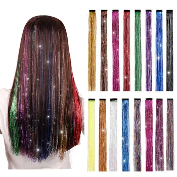 Laser Sparkle Clip In Hair Tinsel Glitter Hair Extensions Rainbow Hairpieces Hair Accessories For Women Headdress