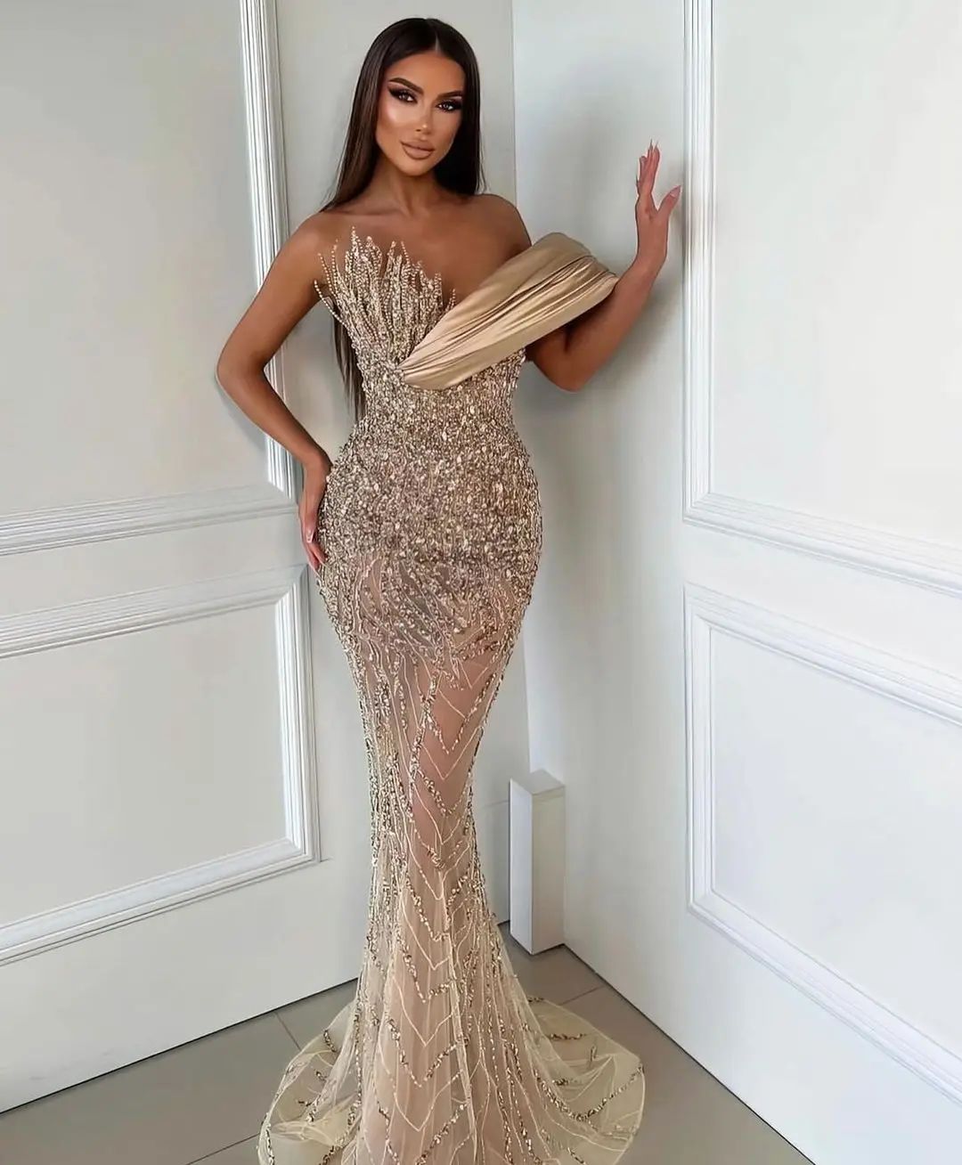 beaded dress designer BABEYOND La Revue NèGre Beaded Hem Evening Gown, Evening Gowns, Black / Dark Gold main image 1