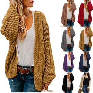 Women's Long Sleeve Chunky Knit Cardigan Open Front Loose Outwear Coat with Character Pattern Casual Style for Autumn Season
