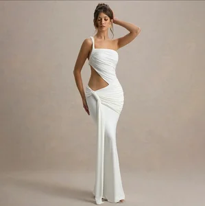 Irregular Ruched Sexy Maxi Dress for Women Gown Hollow Out One Shoulder Sleeveless Draped Bodycon Club Party Long Dress