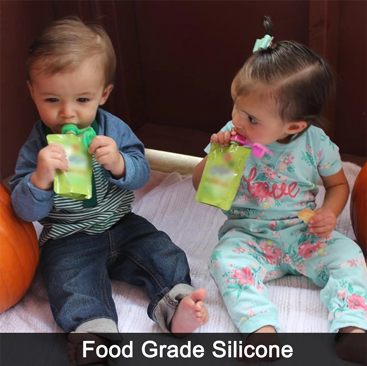 BPA Free Custom Fruit Juice Pouch with Spout No Spill Flow Control Reusable Silicone Food Pouch Top for Ages 0-12 Months