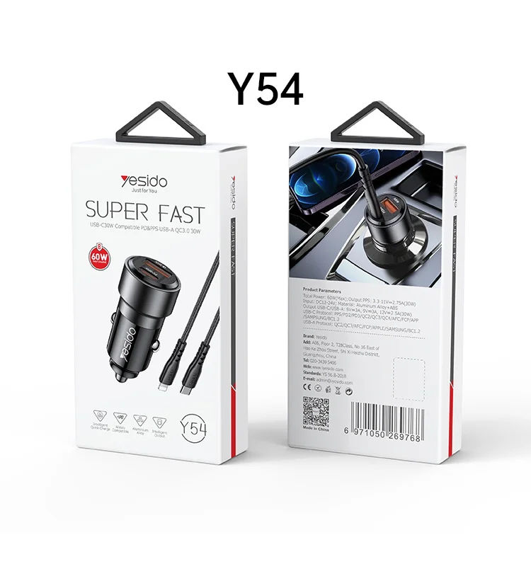 Yesido High Quality Car Charger 60W PD3.0 TPYE-C USB Dual-Port Multi Protocol Fast Charging Car Charger