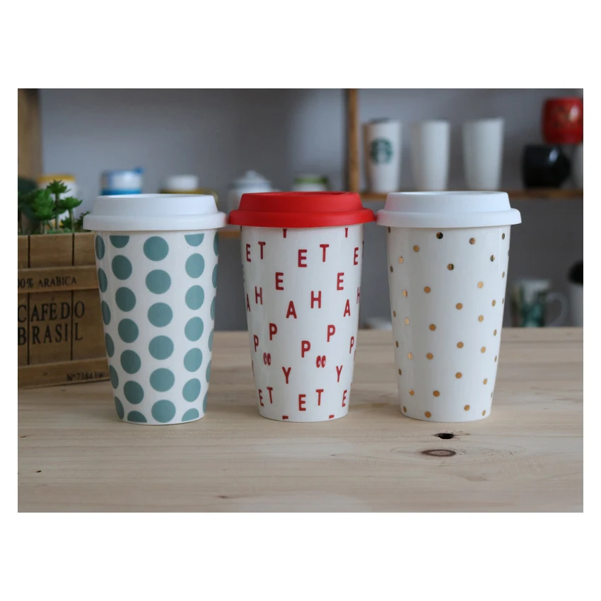 12oz Double Wall Ceramic Mug With Silicone Lid And Sleeve Customized Logo Double Wall Ceramic